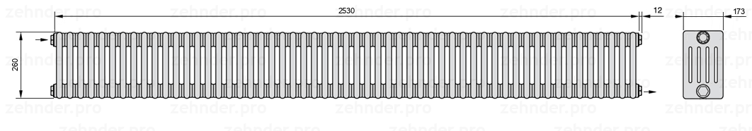 Схема (чертеж) Радиатор Zehnder Charleston 5026/55 №1670 Белый глянцевый RAL 9016
